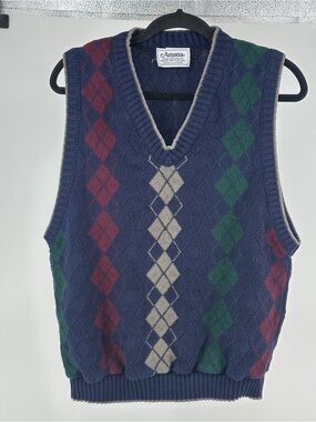 Vibtage 80’s Men’s Medium Armana Navy‎ Argyle V-Neck Sweater Vest Cotton